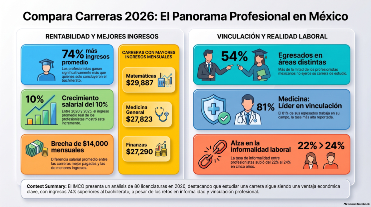 Entre 2020 y 2025, el ingreso promedio real de los profesionistas aumentó 10 por ciento, según datos del IMCO