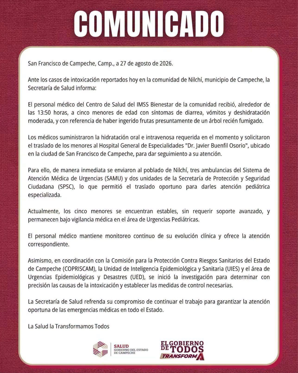 Secretaría de Salud informó que los cinco menores se encuentran estables.