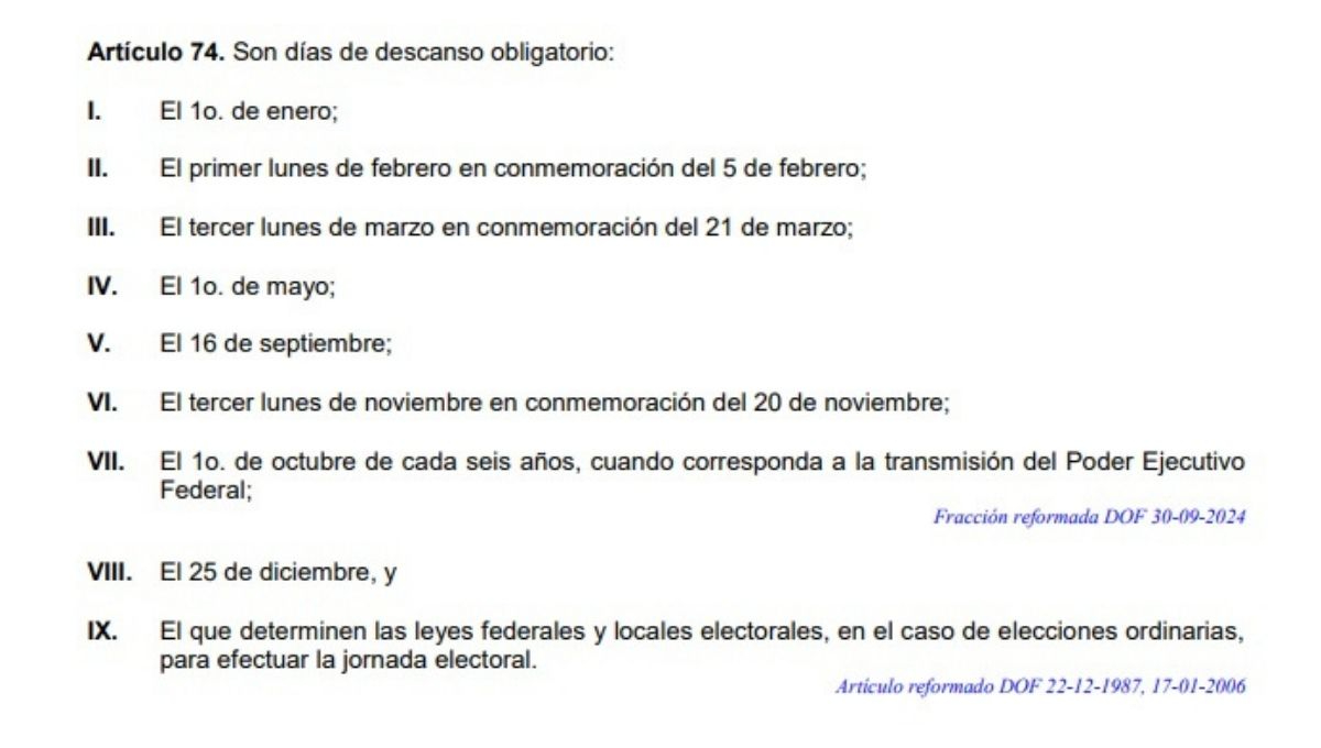 La fecha no se encuentra contemplada entre los días de descanso obligatorio de la Ley Federal del Trabajo