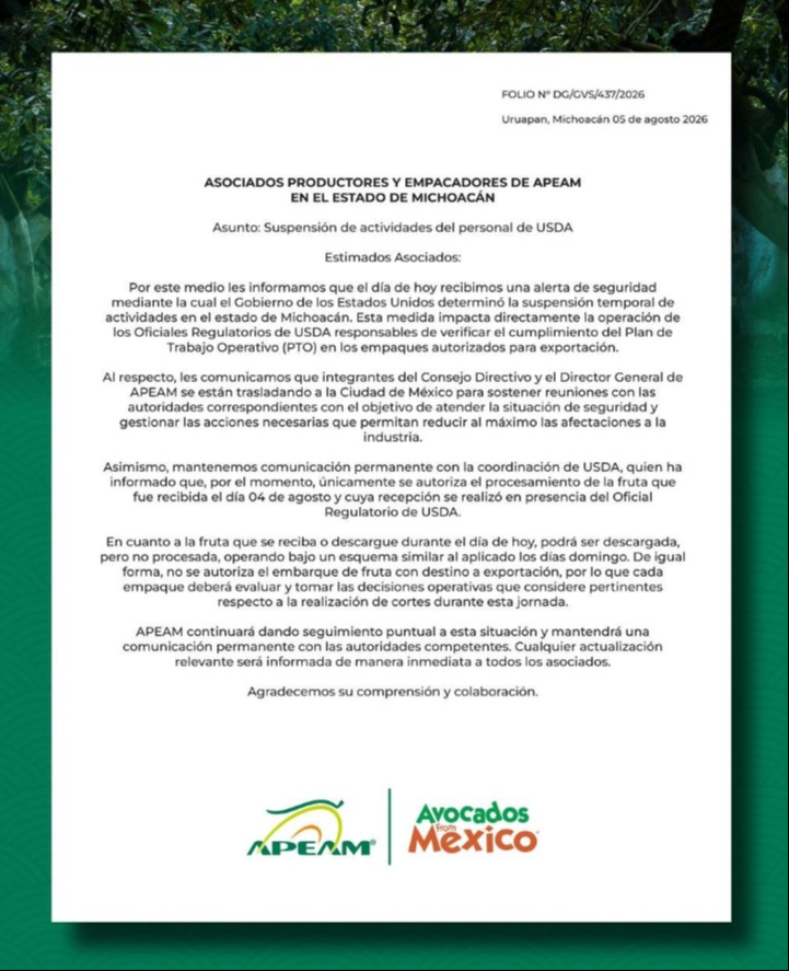 Comunicado de la Asociación de Productores y Empacadores Exportadores de Aguacate de México (APEAM