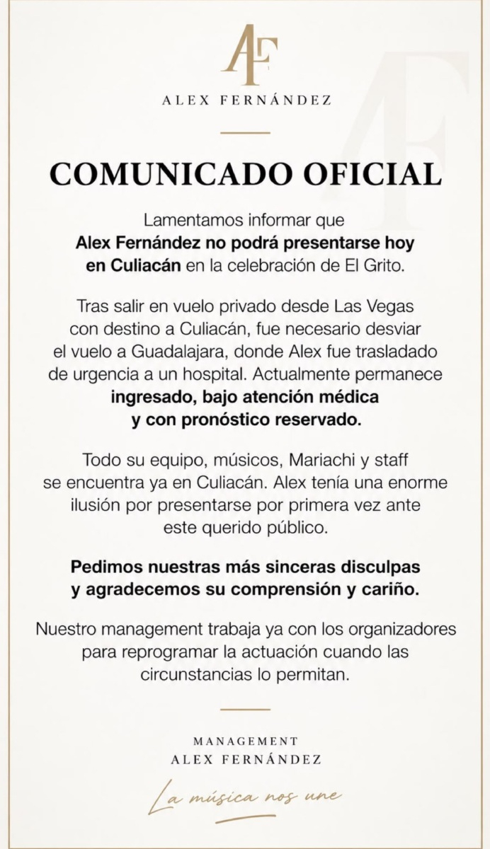 Alex Fernández informa de la cancelación de su show en Culiacán.