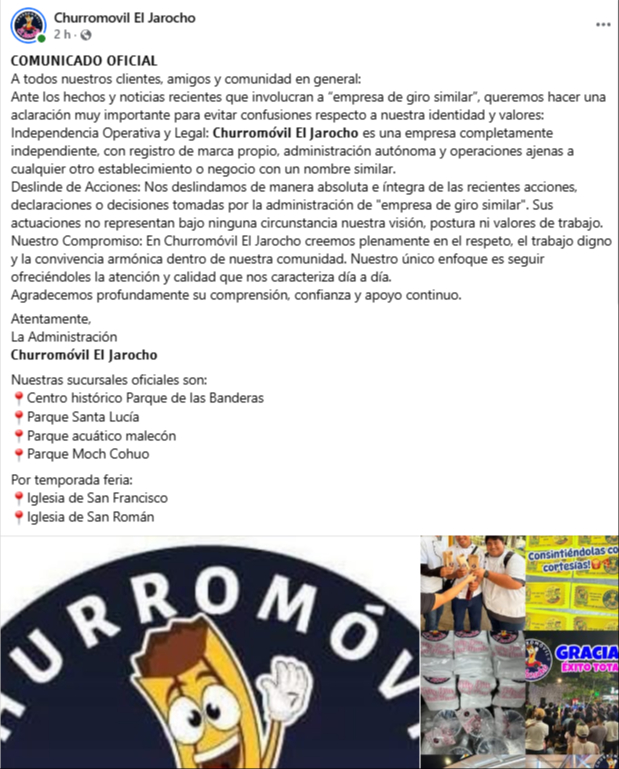 La empresa Churromóvil El Jarocho se deslindó públicamente del negocio implicado en la agresión.