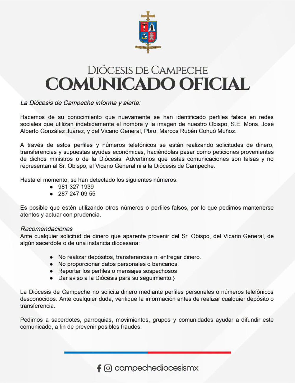 La Iglesia pidió difundir la alerta para prevenir posibles fraudes.