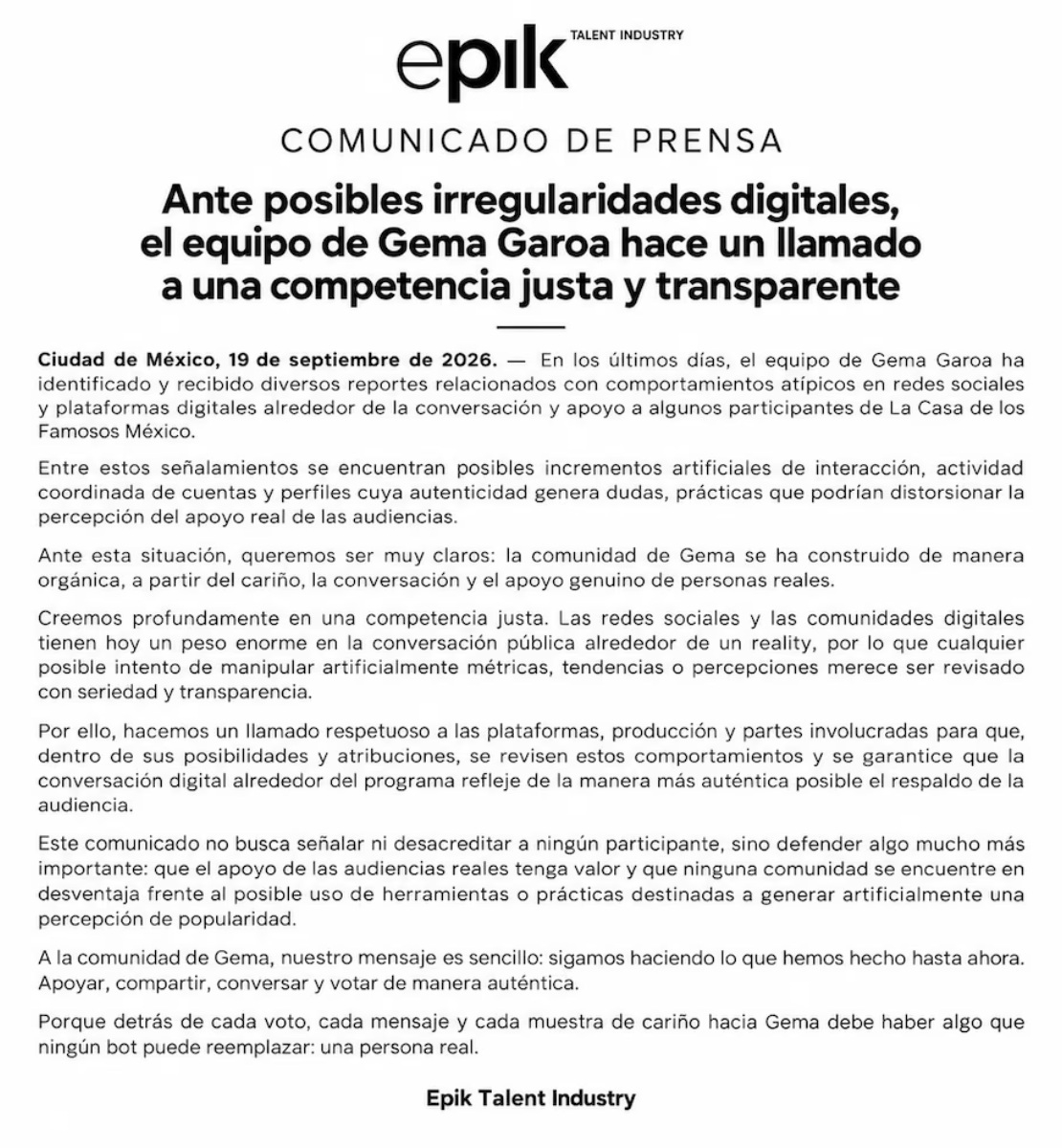 Equipo de Gema Garoa habla sobre las acusaciones de "comprar seguidores".