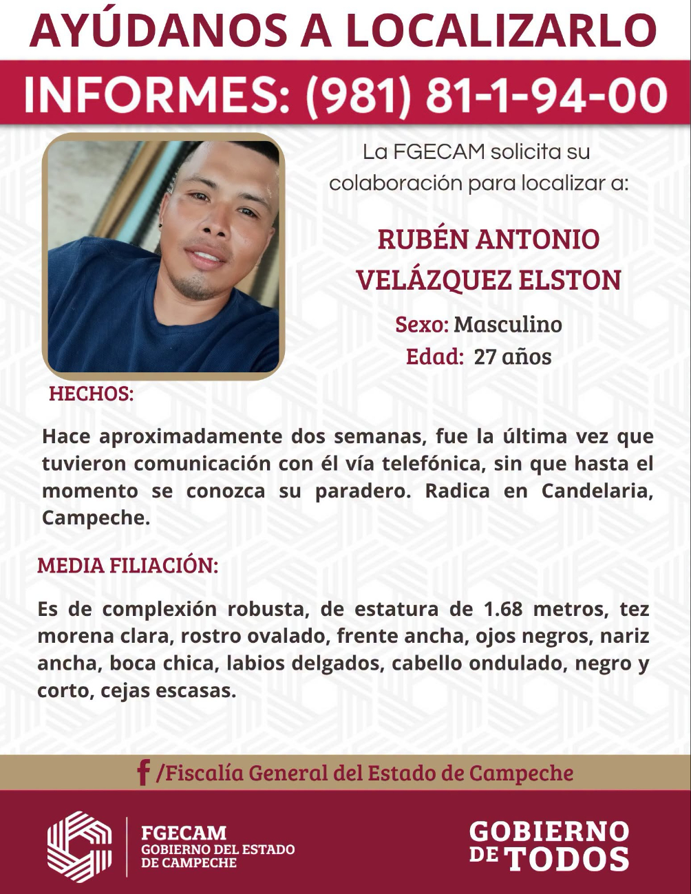 La FGCAM emitió una ficha de búsqueda para dar con el paradero de Rubén Antonio Velázquez Elston.