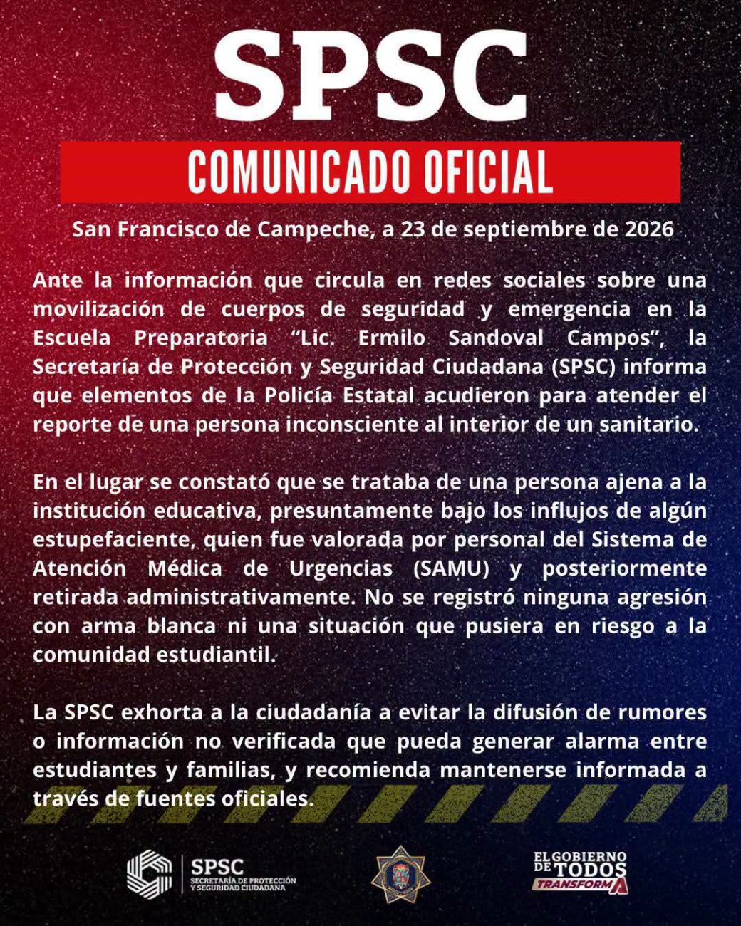 La SPSC señaló en su reporte que el sujeto presuntamente estaba bajo los efectos de sustancias.