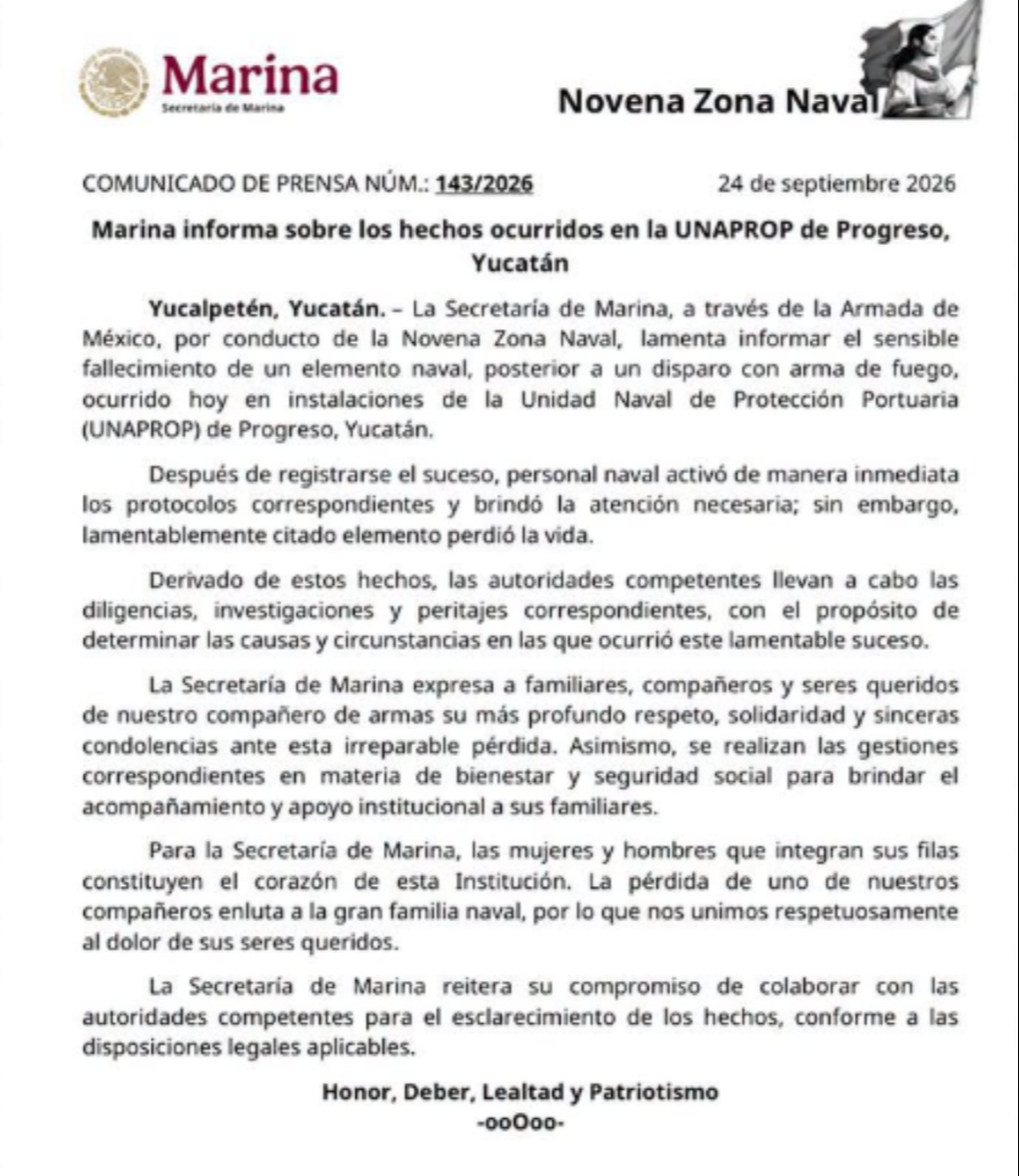 Comunicado de la Marina sobre los hechos ocurridos en la Unaprop.
