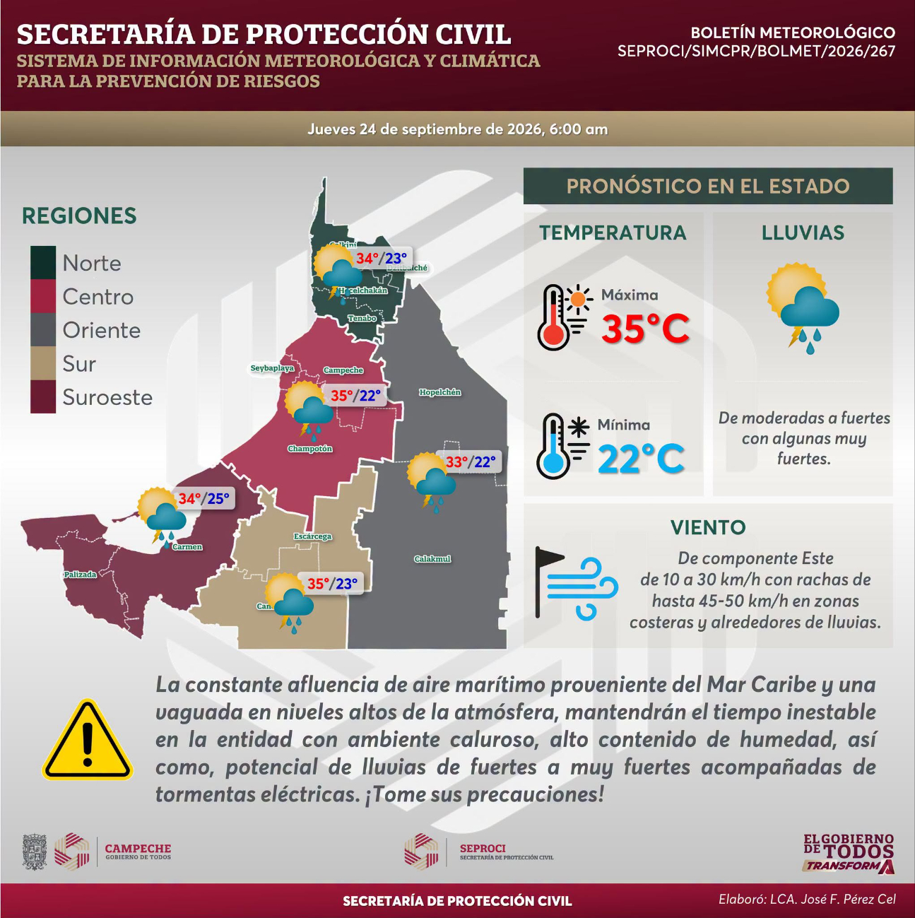 El pronóstico muestra posibilidad de lluvia en las cinco regiones del estado.