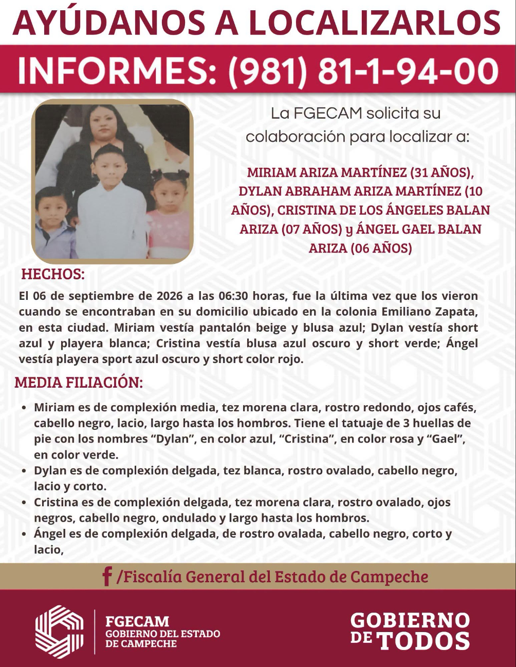 La familia fue vista por última vez el 6 de septiembre de 2026 cerca de las 6:30 horas.