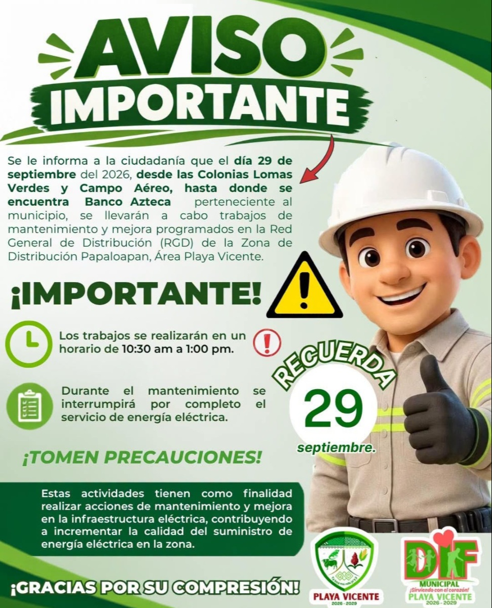 CFE anuncia corte de energía este martes 29 de septiembre.