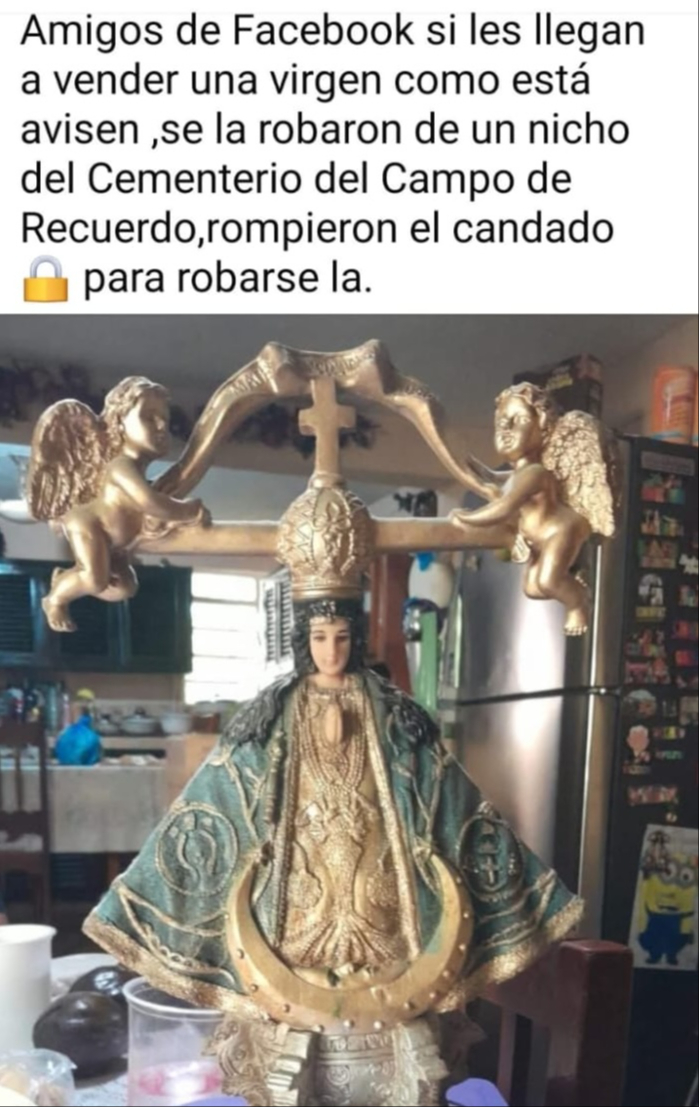 Una persona reportó el robo de una figura de la Virgen que estaba dentro de su nicho