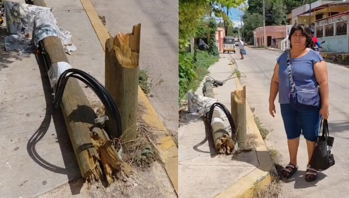 Exigen retirar poste de Telmex que lleva 15 días tirado en calle céntrica de Hopelchén