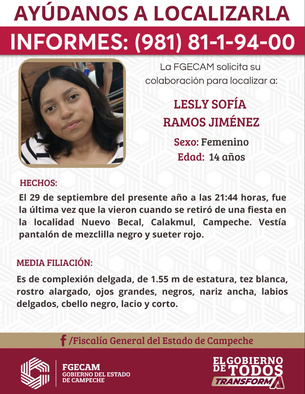 La Fiscalía de Campeche solicitó apoyo social para encontrar a la joven Lesly Sofía Ramos Jiménez.