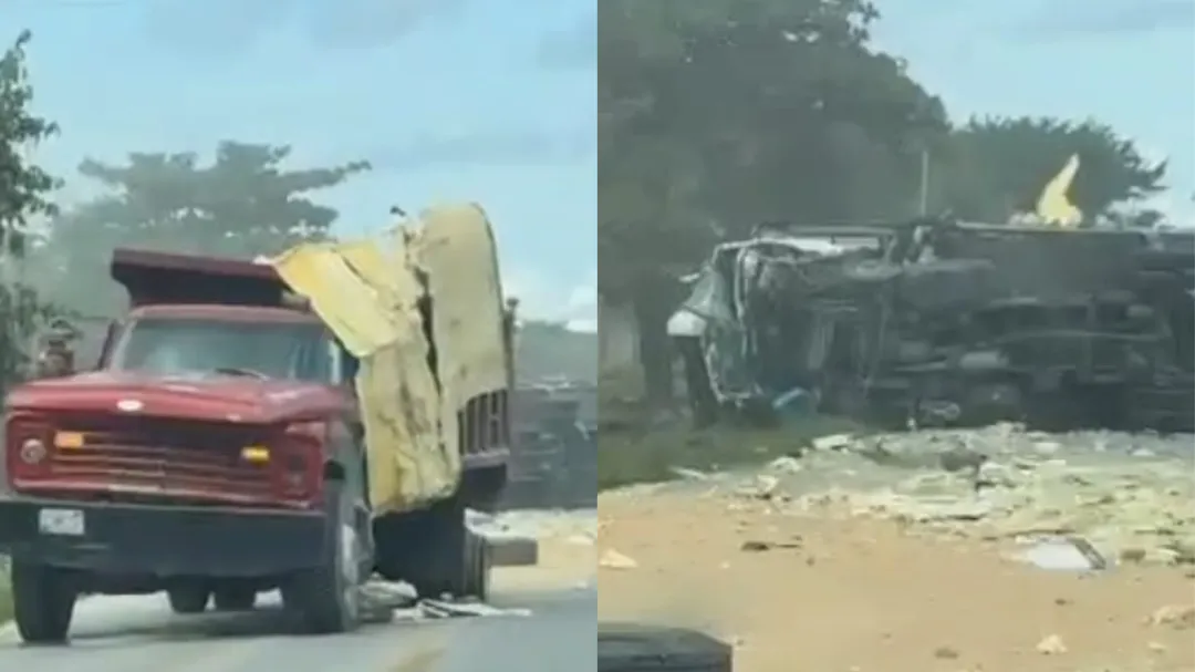 Choque entre tres camiones provoca volcadura y congestionamiento en la salida de Cancún