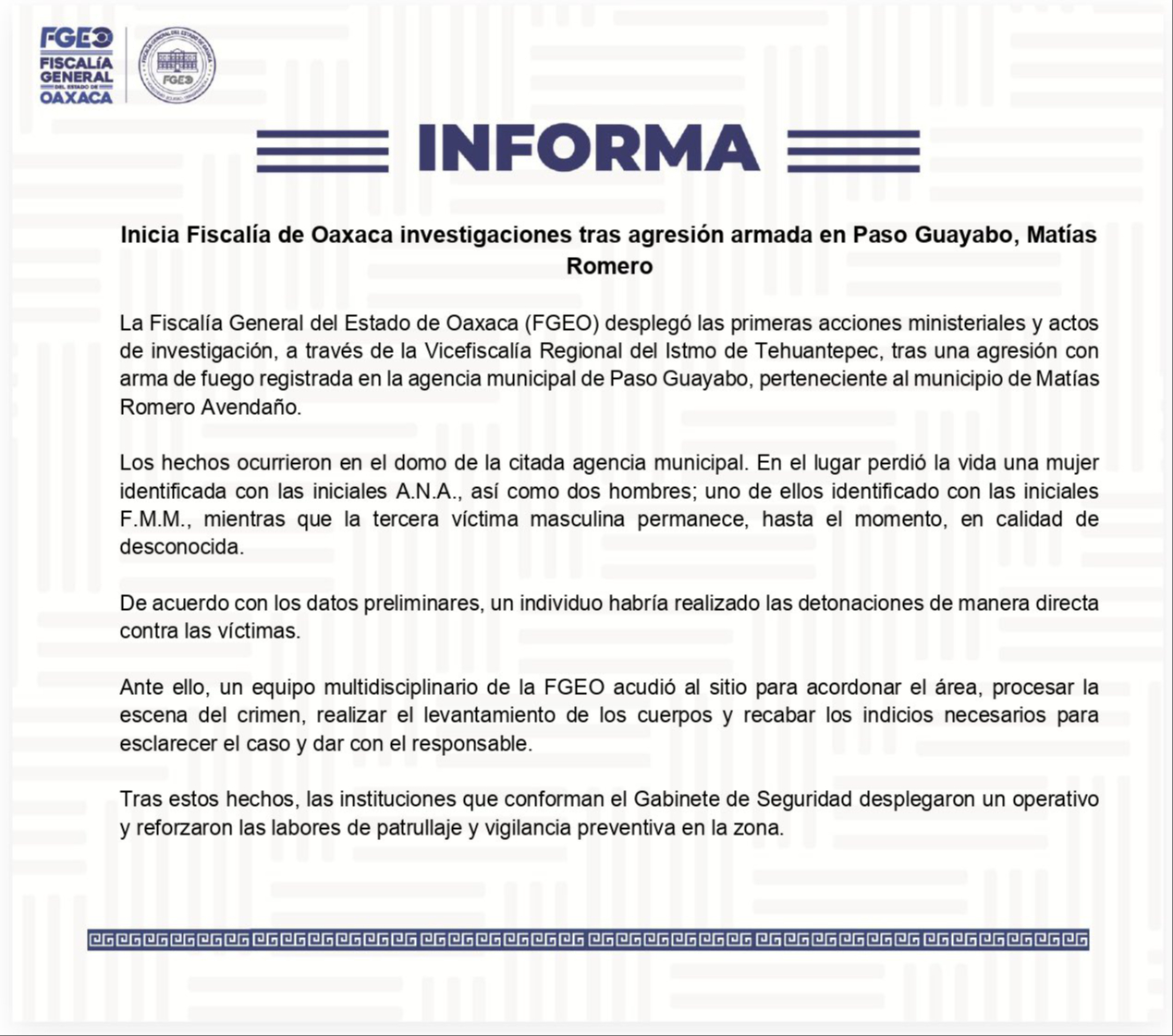 Comunicado de la Fiscalía de Oaxaca tras ataque armado.