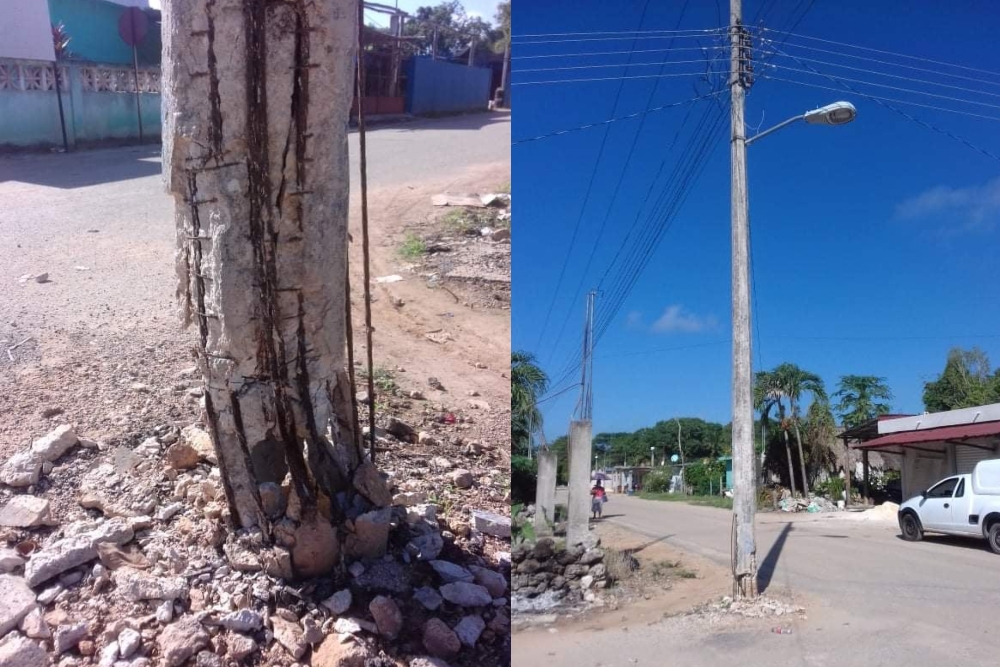 El poste dañado en la comunidad de San Ángel se sostiene sólo de la estructura de varillas y los cables que están sobre él El poste dañado en la comunidad de San Ángel se sostiene sólo de la estructura de varillas y los cables que están sobre él