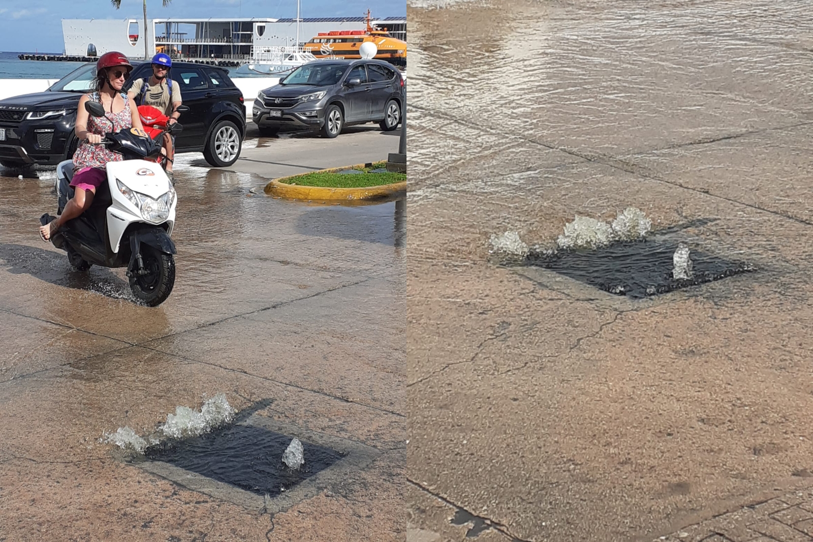Una de las alcantarillas reboza aguas fétidas en la zona turística de Cozumel; CAPA no atiende el asunto