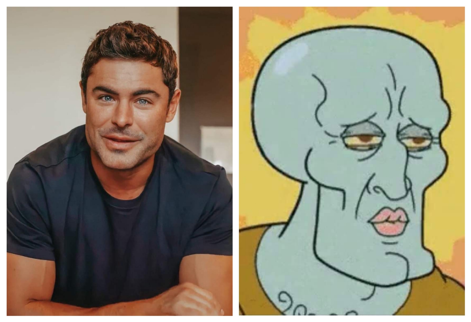 Meme comparando a Zac Efron con Calamardo Guapo