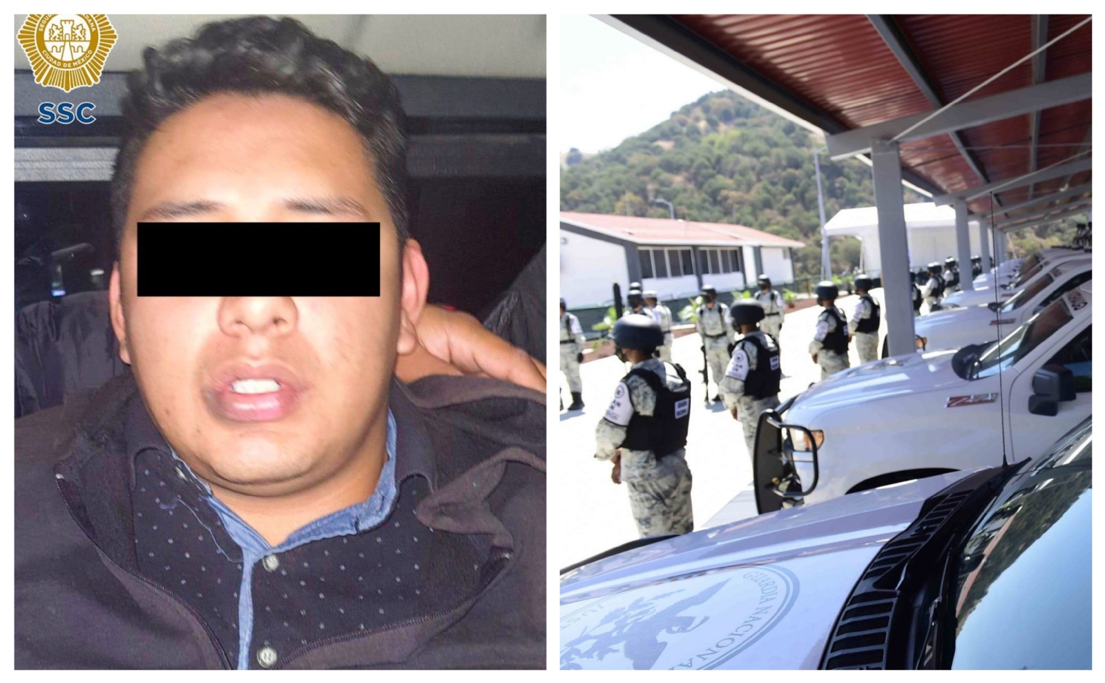 A la izquierda, Luis David "N". A la derecha, elementos de la Guardia Nacional