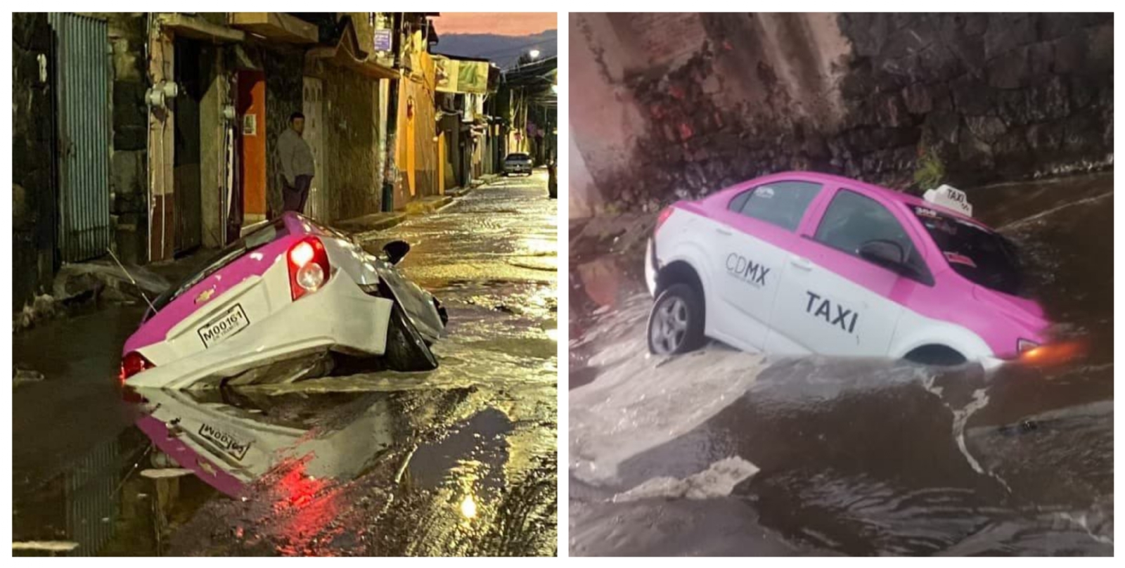 Taxi dentro del socavón, en Milpa Alta