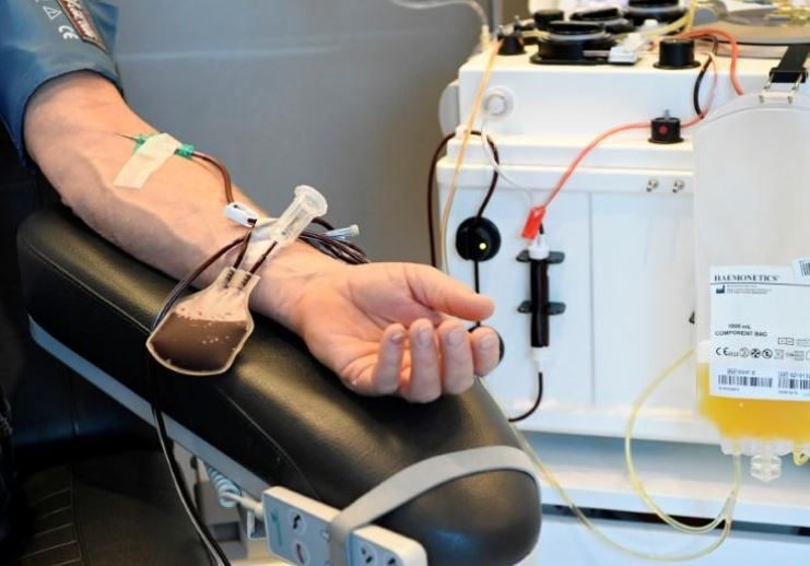 Un donador de sangre durante el procedimiento
