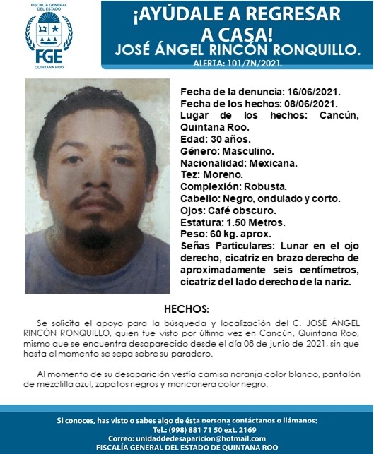 La FGE pide a la ciudadanía comunicarse al número 998 8817150 ext. 2169 en caso de contar con alguna pista de su paradero