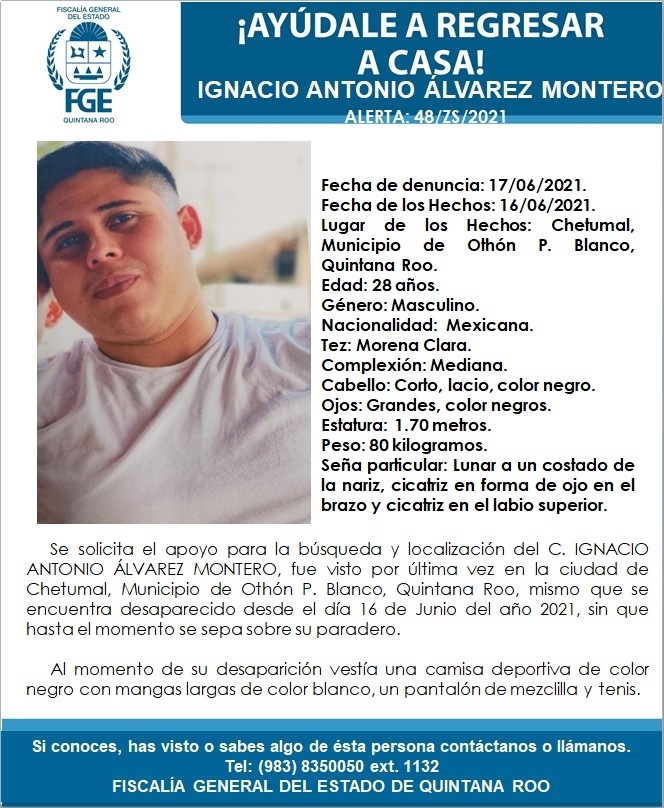La FGE pide a la ciudadanía comunicarse al número 98-38-35-00-50 ext.1132 en caso de contar con alguna pista de su paradero