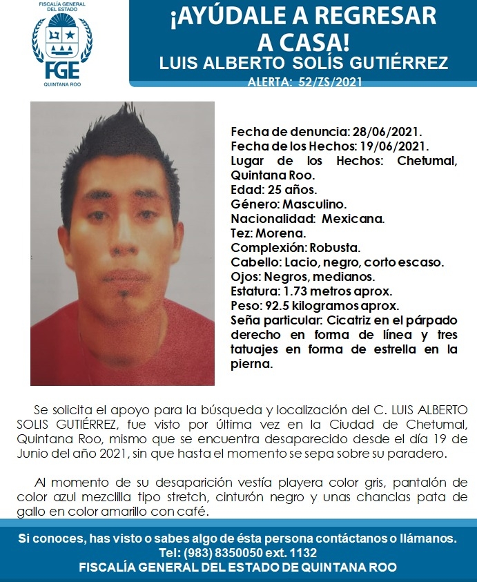 La FGE pide a la ciudadanía comunicarse al número 983 83 50050 ext.1132 en caso de contar con alguna pista de su paradero