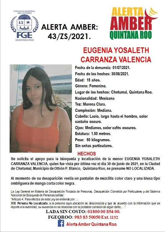 La FGE pide a la ciudadanía comunicarse al número 983 83 50050 ext.1132 en caso de contar con alguna pista de su paradero