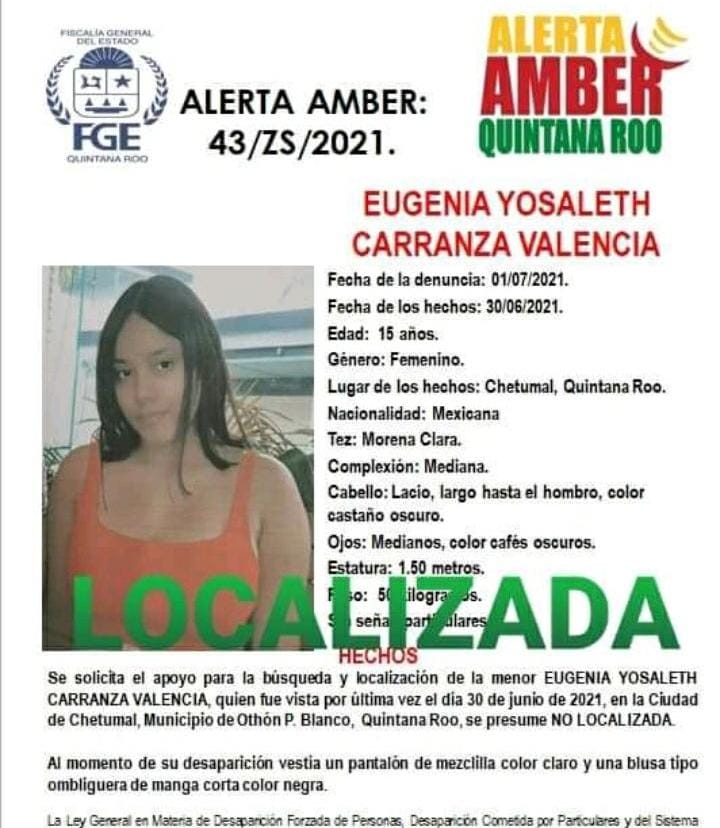 La Fiscalía General del Estado desactivó la Alerta Amber Eugenia Yosaleth La Fiscalía General del Estado desactivó la Alerta Amber Eugenia Yosaleth
