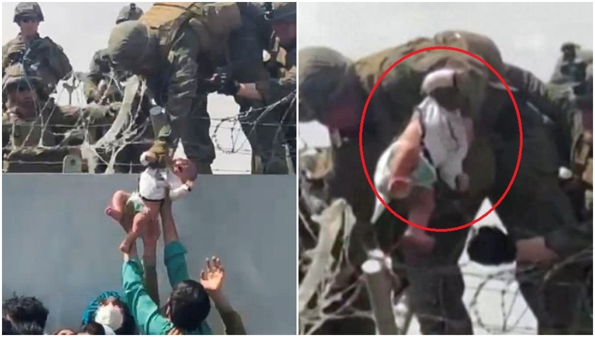 La grabación de nueve segundos que se hizo viral en las redes sociales muestra cómo, en medio de la multitud y el caos, una persona entrega a un bebé. Foto: Especial La grabación de nueve segundos que se hizo viral en las redes sociales muestra cómo, en medio de la multitud y el caos, una persona entrega a un bebé. Foto: Especial