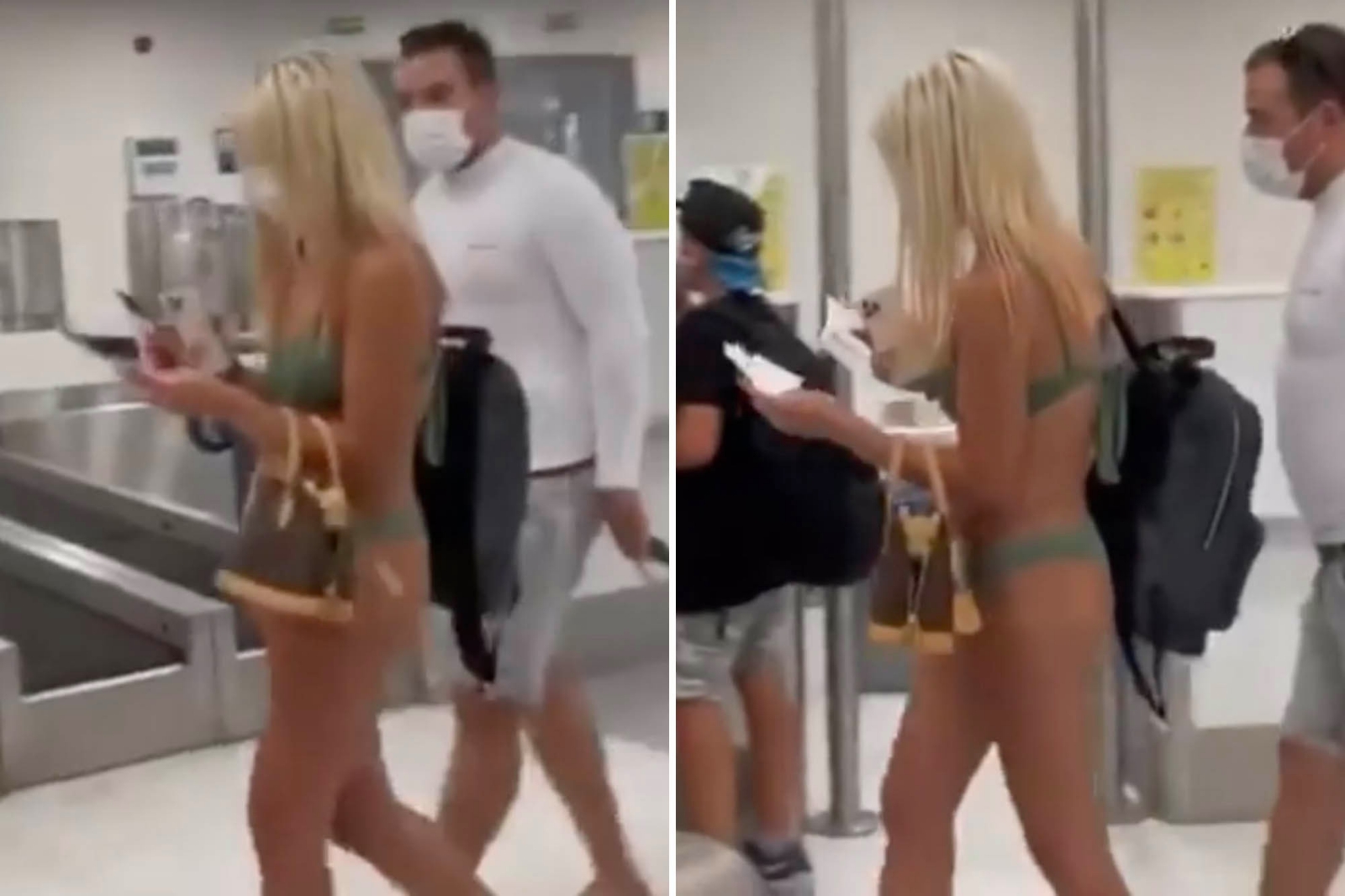 La joven caminaba tranquilamente por el aeropuerto en traje de baño La joven caminaba tranquilamente por el aeropuerto en traje de baño