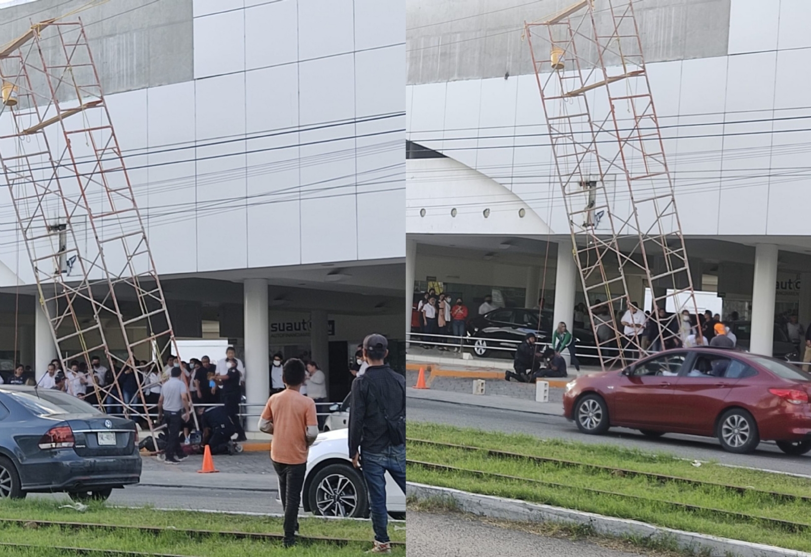 Testigos aseguran que uno de los trabajadores quedó colgado en el cable