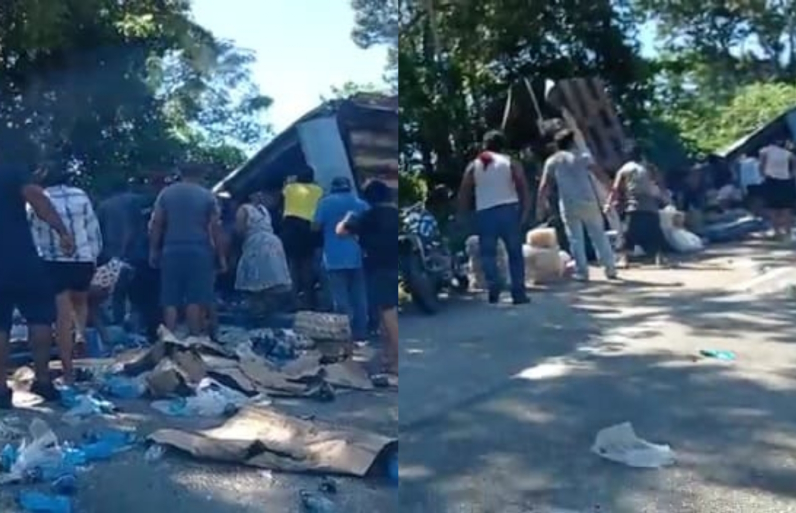 El tráiler quedó sobre la carretera, mientras un grupo de personas se apoderaba de la mercancía