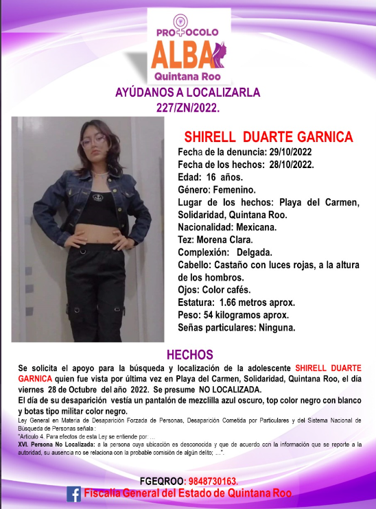 Según se informó, la niña desapareció el 28 de octubre de 2022. Fue victo por última vez en el municipio de Solidaridad, Quintana Roo.