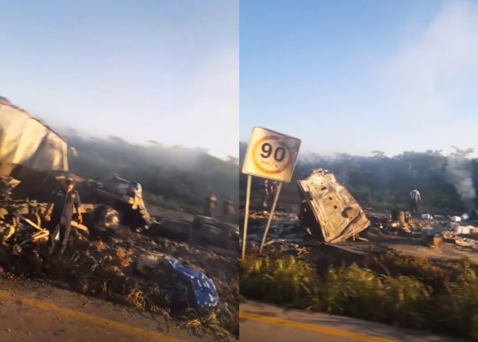 El tráiler quedó hecho chatarra tras el impacto y el incendio