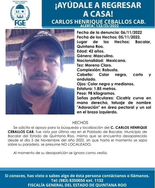 El hombre tenía 42 años de edad y desapareció en Bacalar