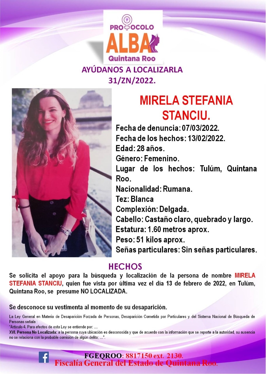 Mirela Stefania Stanciu es de tez blanca, tiene complexión delgada, cabello castaño claro, quebrado y largo