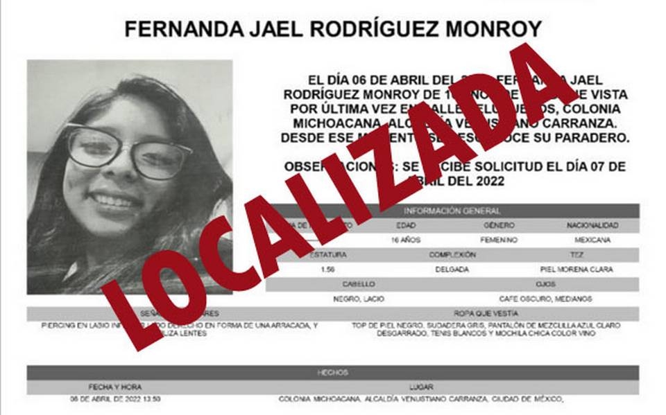 La adolescente fue hallada en Hidalgo y se ausentó por su propia voluntad. Foto: FGJ-CDMX