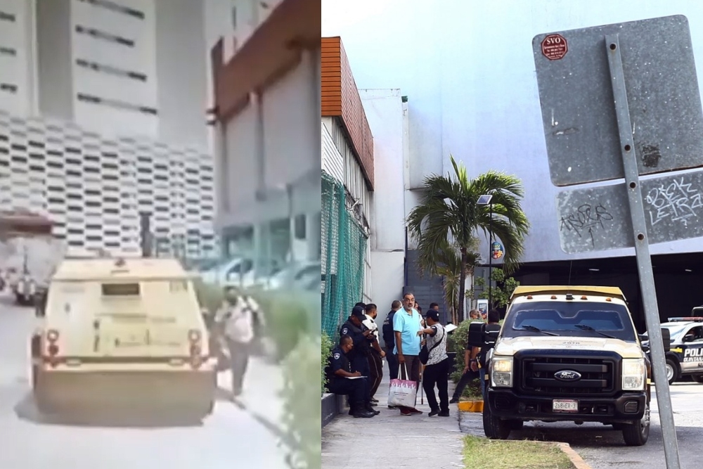 El camión de valores quedó abandonado frente al estacionamiento del supermercado Chedraui en Plaza las Américas de Cancún tras la huida del presunto custodio