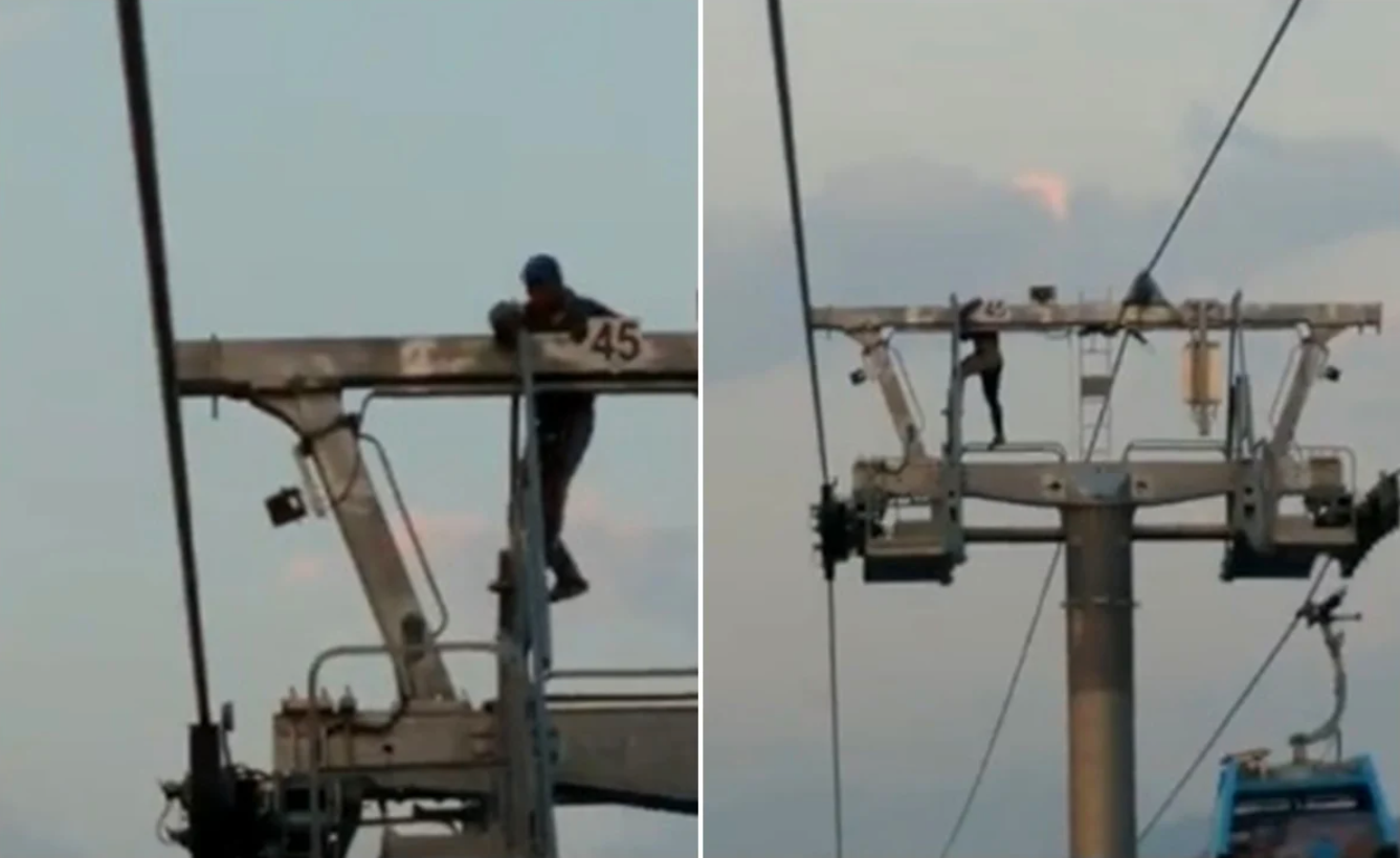 El hombre recorre la parte más alta de la estructura metálica.