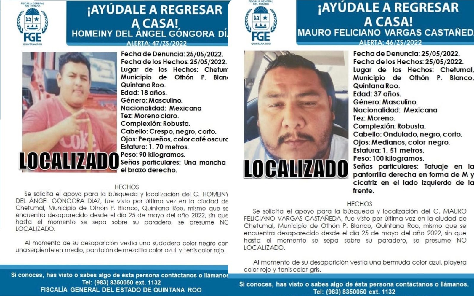Los sujetos fueron reportados como desaparecidos en Bacalar por sus familiares Los sujetos fueron reportados como desaparecidos en Bacalar por sus familiares