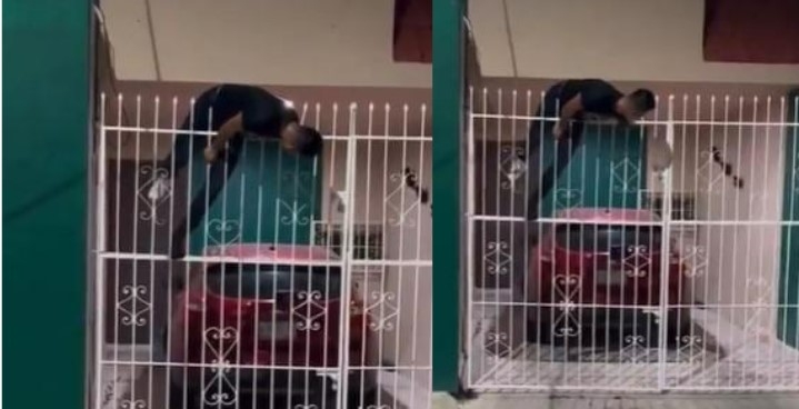 Al hombre se le ensarto una de las puntas de la reja. Foto: Captura de pantalla