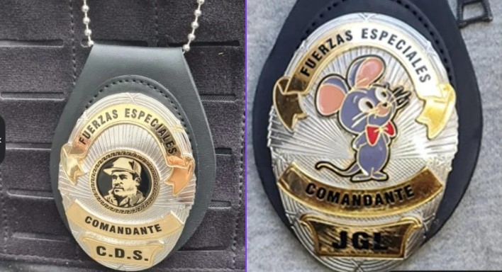 Los detenidos portaban las placas con la cara de "El Chapo" y un roedor en alusión a Ovidio Guzmán. Foto: Especial