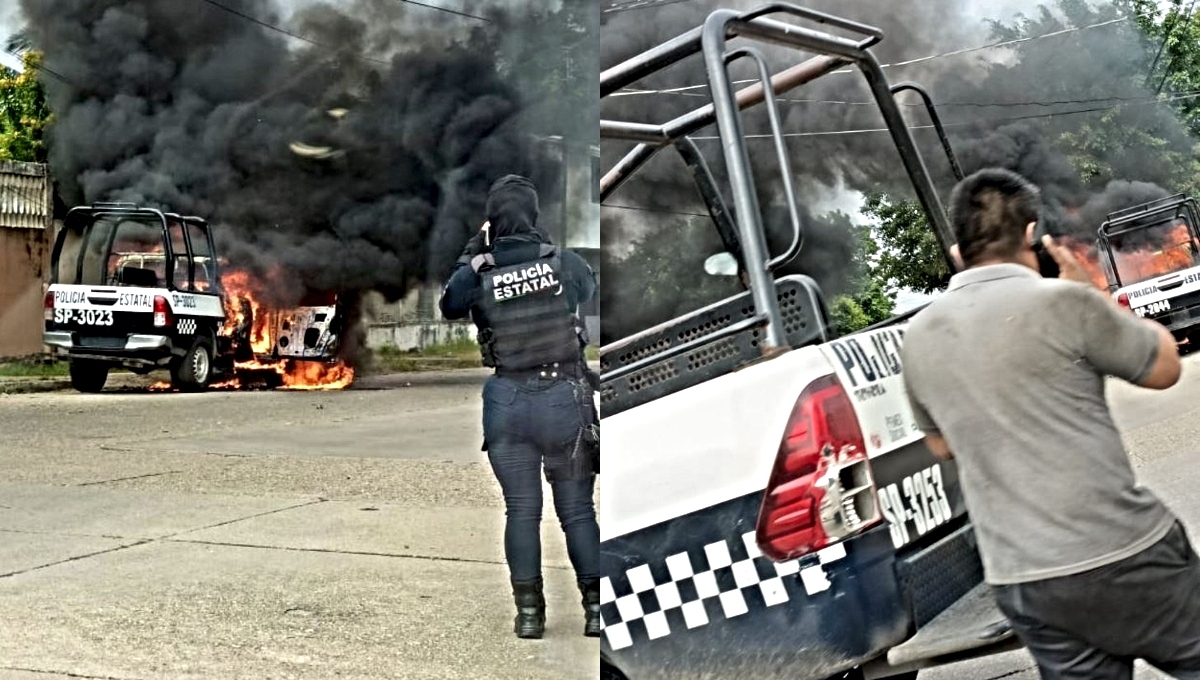 Dos patrullas de la Policía Estatal fueron incendiadas con bombas molotov en Coatzacoalcos, Veracruz. Foto: Especial Dos patrullas de la Policía Estatal fueron incendiadas con bombas molotov en Coatzacoalcos, Veracruz. Foto: Especial