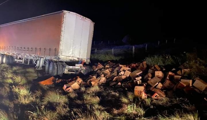 Un tráiler doble remolque cargado con cerveza terminó fuera de la carretera de Isla Aguada-Sabancuy Un tráiler doble remolque cargado con cerveza terminó fuera de la carretera de Isla Aguada-Sabancuy