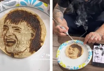 Plasman rostro de Peso Pluma en una tortilla