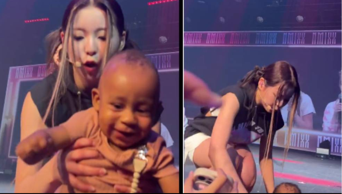 El momento exacto cuando las cantantes recibieron al pequeño. Foto: Especial