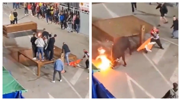 Hombre recibe cornada luego de prenderle fuego a un toro en España: VIDEO