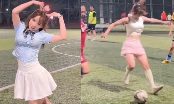 Joven coreana juega partido de futbol en falda